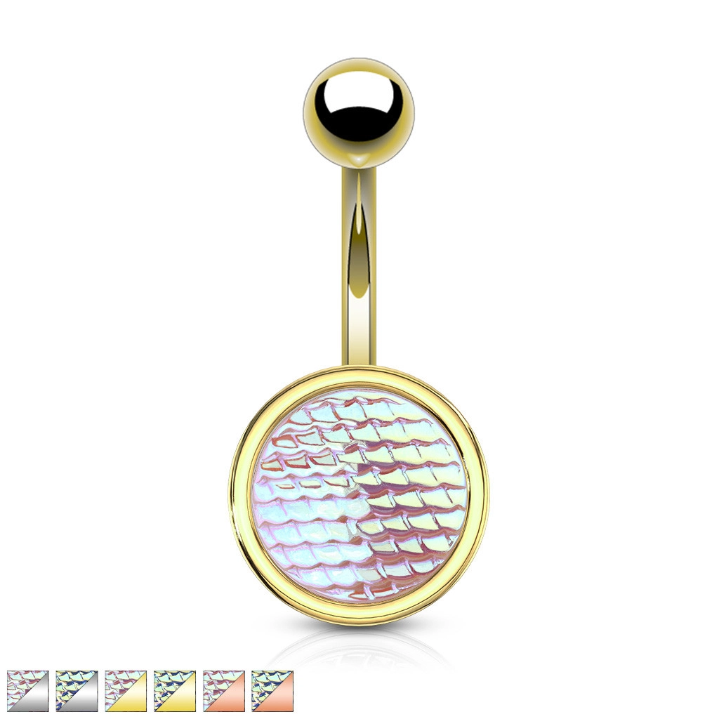 Acél köldökpiercing – csillogó kő sárkány mintával - A piercing színe: Arany, A cirkónia színe: Rózsaszín - P