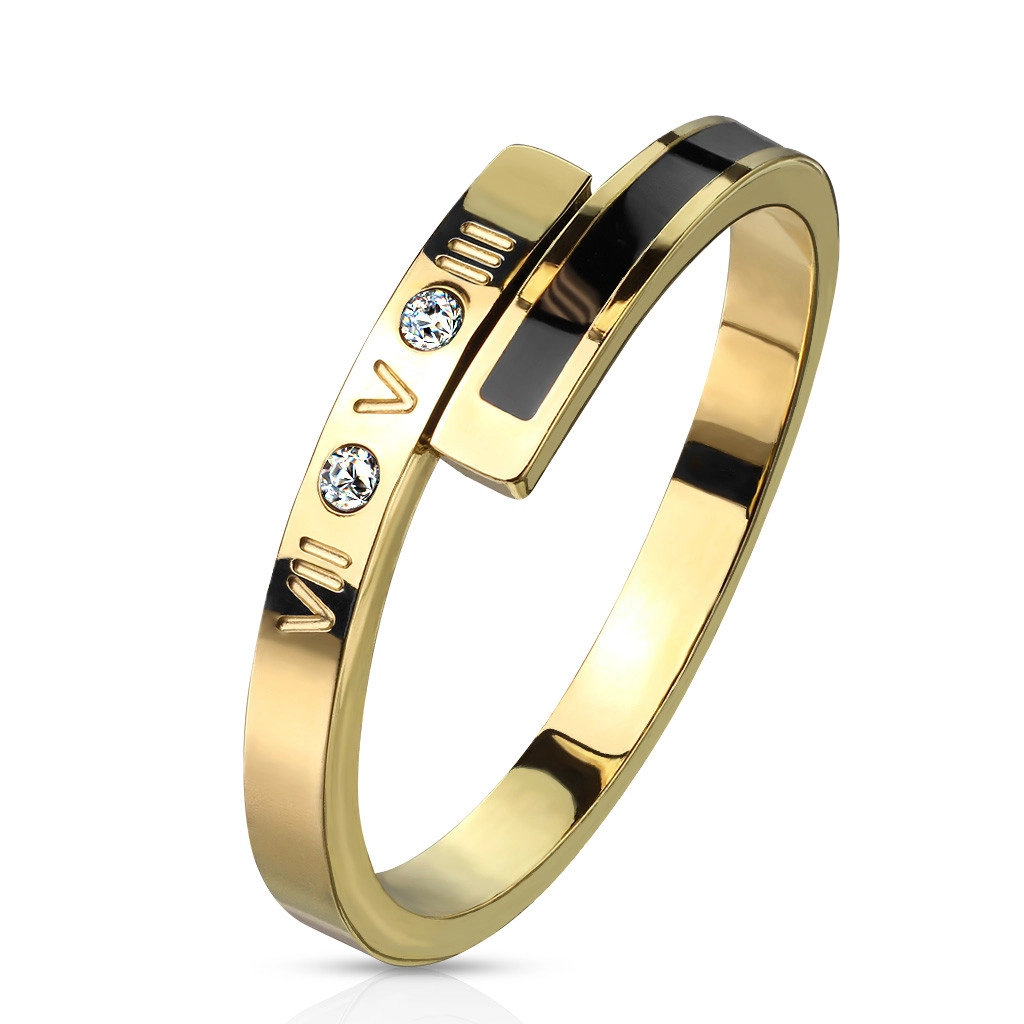 Gyűrű acélból arany színben – egy fekete sáv, két átlátszó cirkónia, római számok, 2 mm - Nagyság: 57