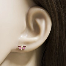 9K arany fülbevaló – szitakötő sziluett, sötétbarna és rózsaszín fénymáz