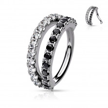 Ezüst színű piercing platinával – átlátszó és fekete cirkóniák, kerek forma