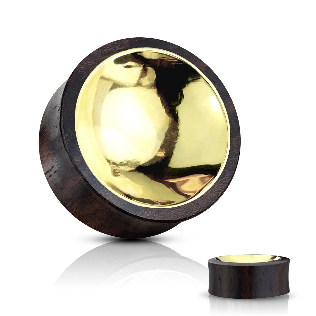 Fül plug Sono fából barna-fekete színben – arany színű kör - Vastagság: 16  mm
