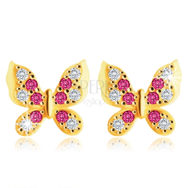 14K sárga arany fülbevaló – pillangó átlátszó és piros-rózsaszín cirkóniákkal