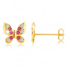 14K sárga arany fülbevaló – pillangó átlátszó és piros-rózsaszín cirkóniákkal