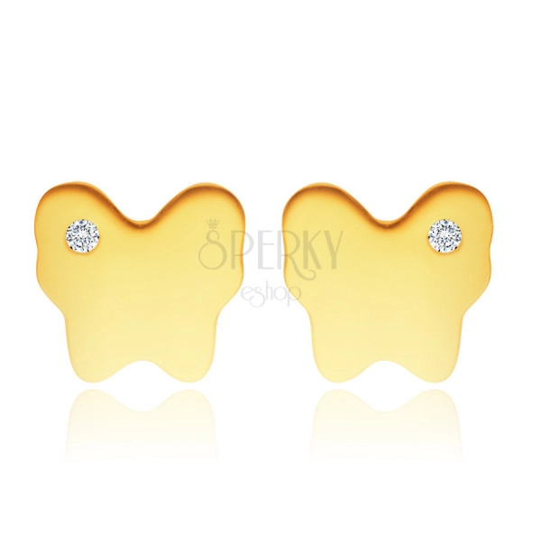 14K sárga arany fülbevaló – tükörfényes pillangó egy apró átlátszó cirkóniával