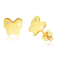 14K sárga arany fülbevaló – tükörfényes pillangó egy apró átlátszó cirkóniával