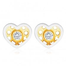 Fülbevaló 14K kombinált aranyból – szimmetrikus szív, kerek átlátszó cirkónia