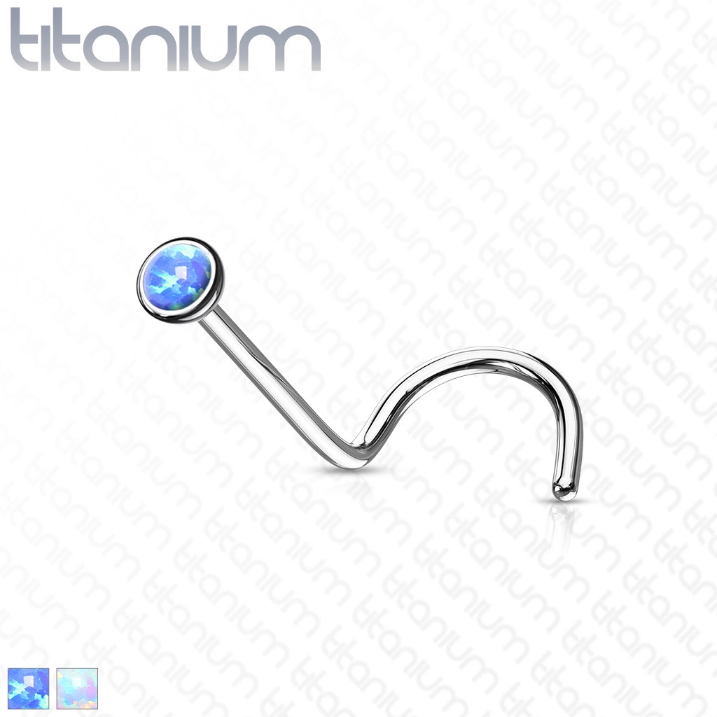Ívelt orrpiercing titániumból – szintetikus opál egy kerek foglalatban, 0,8 mm - A fej nagysága: 2 mm, A piercing színe: Kék
