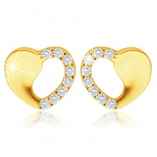 585 sárga arany fülbevaló – szimmetrikus szív egy kivágással, kerek átlátszó cirkóniák