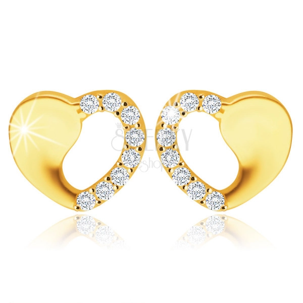 585 sárga arany fülbevaló – szimmetrikus szív egy kivágással, kerek átlátszó cirkóniák