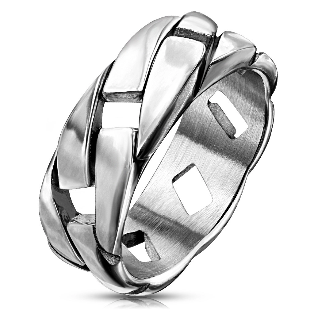 Patinázott acél gyűrű ezüst színben - fényes lánc minta, 8 mm - Nagyság: 62