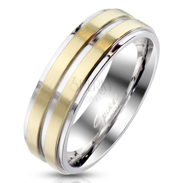 Acél gyűrű ezüst színben – két arany színű kivitelben készült sávval díszítve, 6 mm