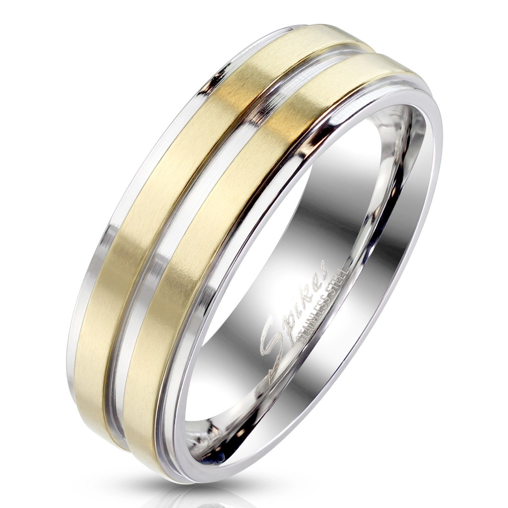 Acél gyűrű ezüst színben – két arany színű kivitelben készült sávval díszítve, 6 mm - Nagyság: 65