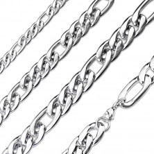 Lánc acélból ezüst színű kivitelben – Figaro minta, fényes hosszúkás láncszemek, 7 mm