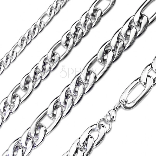 Lánc acélból ezüst színű kivitelben – Figaro minta, fényes hosszúkás láncszemek, 7 mm