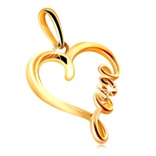 Medál 585 sárga aranyból – fényes szív alakú körvonal “Love” felirattal