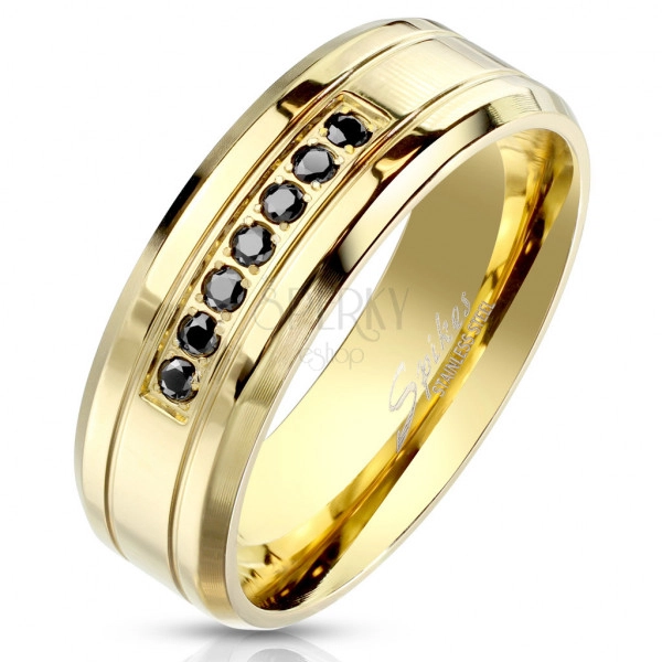 Acél arany színű gyűrű - fekete cirkónia, fényes felület, 8 mm