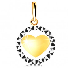 Medál kombinált 585 aranyból – kör körvonal háromszög alakú bemetszésekkel, domború szív