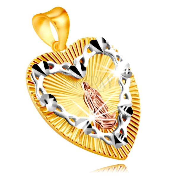 Medál kombinált 585 aranyból – szív alakú tábla, szívkörvonal Szűz Máriával