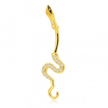 Köldökpiercing 14K aranyból – fényes hullámos kígyó, csillogó cirkóniákkal díszített farok