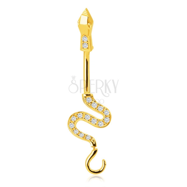 Köldökpiercing 14K aranyból – fényes hullámos kígyó, csillogó cirkóniákkal díszített farok