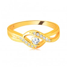 Arany gyűrű 14K aranyból – vékony összefonódó szárak cirkóniákkal, kerek csillogó cirkónia