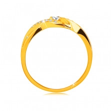 Arany gyűrű 14K aranyból – vékony összefonódó szárak cirkóniákkal, kerek csillogó cirkónia