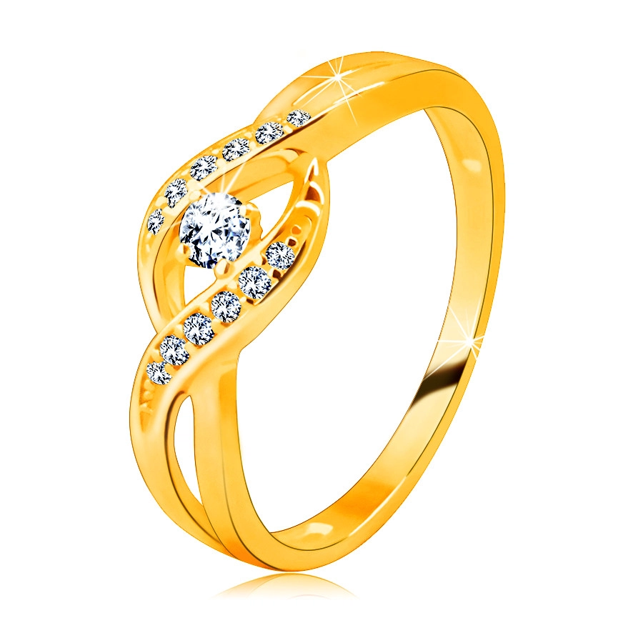Arany gyűrű 14K aranyból – vékony összefonódó szárak cirkóniákkal, kerek csillogó cirkónia - Nagyság: 51