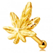 Orrpiercing 14K sárga aranyból – kenderlevél kontúr, apró erezet