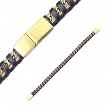 Fekete bőrkarkötő – a közepét egy lánc és arany színű drótok díszítik