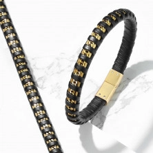 Fekete bőrkarkötő – a közepét egy lánc és arany színű drótok díszítik