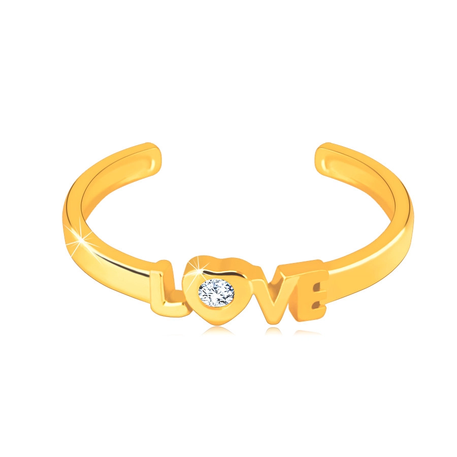 Gyűrű 585 sárga aranyból nyitott gyűrűsínnel – “LOVE” felirat, kerek átlátszó cirkónia egy szívben - Nagyság: 58
