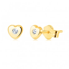 Fülbevaló 14K sárga aranyból – kicsi szív átlátszó cirkóniával, beszúrós fülbevaló