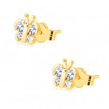 Beszúrós fülbevaló 14K aranyból – pillangó csillogó kerek cirkóniákkal, fényes felület
