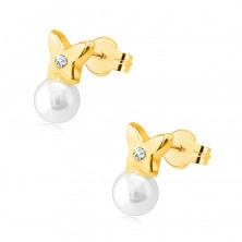 375 arany fülbevaló – kicsi pillangó egy kerek cirkóniával, fehér gyöngy, beszúrós fülbevaló