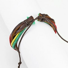 Bőr karkötő RASTA színekben - összefonódó zsinórok, állítható hosszúságú
