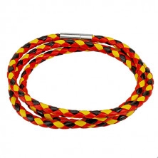 Fonott három színű bőr karkötő - piros, fekete és sárga színben