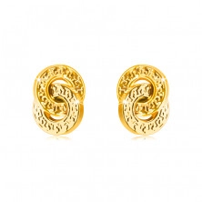 9K arany fülbevaló - két egymásba fonódó kör, dekoratív bordázással, fényes felülettel
