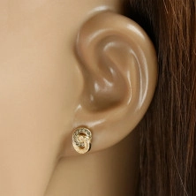9K arany fülbevaló - két egymásba fonódó kör, dekoratív bordázással, fényes felülettel