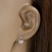 9K arany fülbevaló  - cirkónia könnycsepp alakú kontúr, melyet egy tenyésztett fehér gyöngy díszít