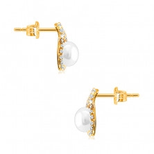 9K arany fülbevaló  - cirkónia könnycsepp alakú kontúr, melyet egy tenyésztett fehér gyöngy díszít