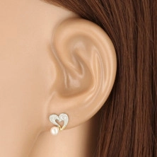 9K kombinált arany fülbevaló  - szív szabálytalan vonalakkal, cirkóniák, gyöngy, stekker zár