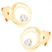 9K arany fülbevaló – összekapcsolt vékony gyűrűk egy csillogó cirkóniával díszítve, beszúrós