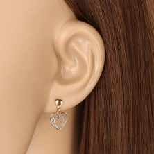 9K kombinált arany fülbevaló  - dupla szív kontúr, kis lapos szív, cirkóniával