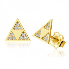 585 arany fülbevaló – fényes háromszög három kisebb háromszöggel kivágásban, apró cirkóniák