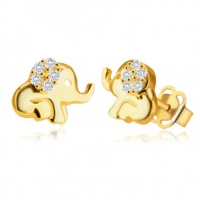 14K sárga arany fülbevaló - ülő elefánt ormánnyal, kerek cirkóniával díszített fül