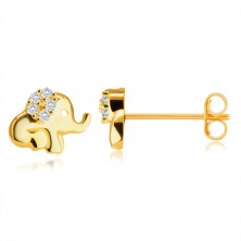 14K sárga arany fülbevaló - ülő elefánt ormánnyal, kerek cirkóniával díszített fül