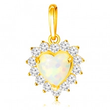14K arany medál - fehér szintetikus, szív alakú opál, kerek,átlátszó cirkóniák