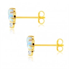 585 arany fülbevaló – kerek átlátszó cirkónia, két fehér szintetikus opál szivárványos visszfénnyel, beszúrós