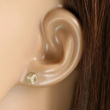 585 arany fülbevaló – hatszög sima felülettel, kerek átlátszó cirkóniák, beszúrós fülbevaló
