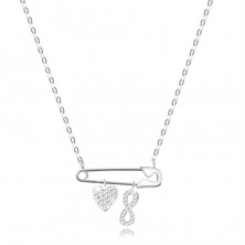 925 ezüst nyaklánc – biztosítótű egy szív és egy végtelenség szimbólum alakú medállal, átlátszó cirkóniák